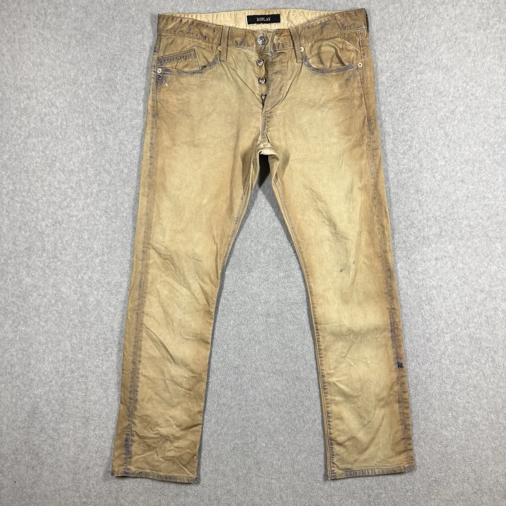 UNIQUE WASH Replay WAITOM Jeans Mens 33x30 Brown Slim Straight Stretch Patina